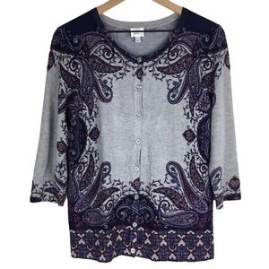 DRESS BARN Cardigan Sweater Paisley Floral 3/4 Sleeves Grey Purple Size Large